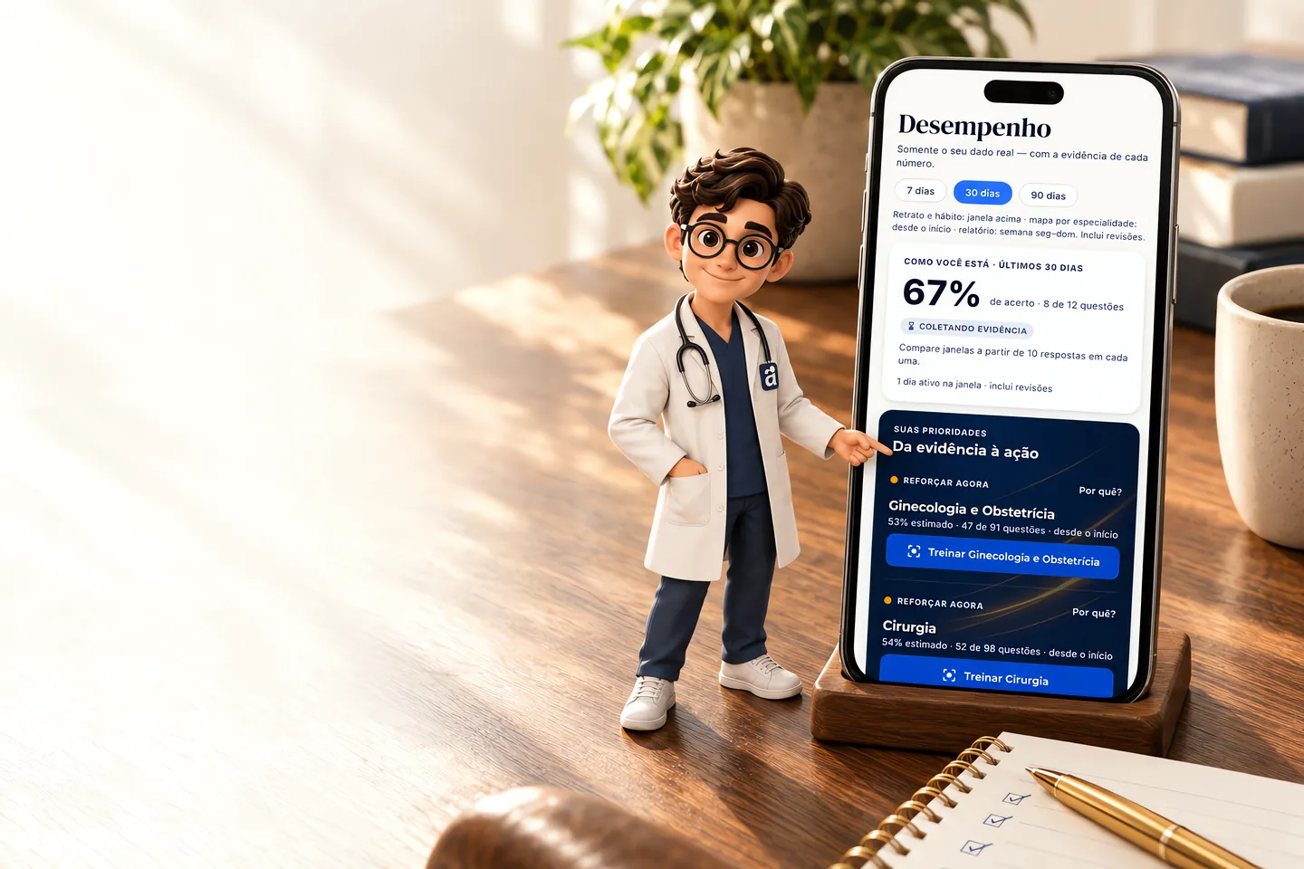O Dr. Aus em miniatura aponta, no celular, a página Desempenho do app: 67% de acerto nos últimos 30 dias e, em Suas prioridades, Reforçar agora Ginecologia e Obstetrícia, com 53% estimado em 47 de 91 questões e o botão Treinar.