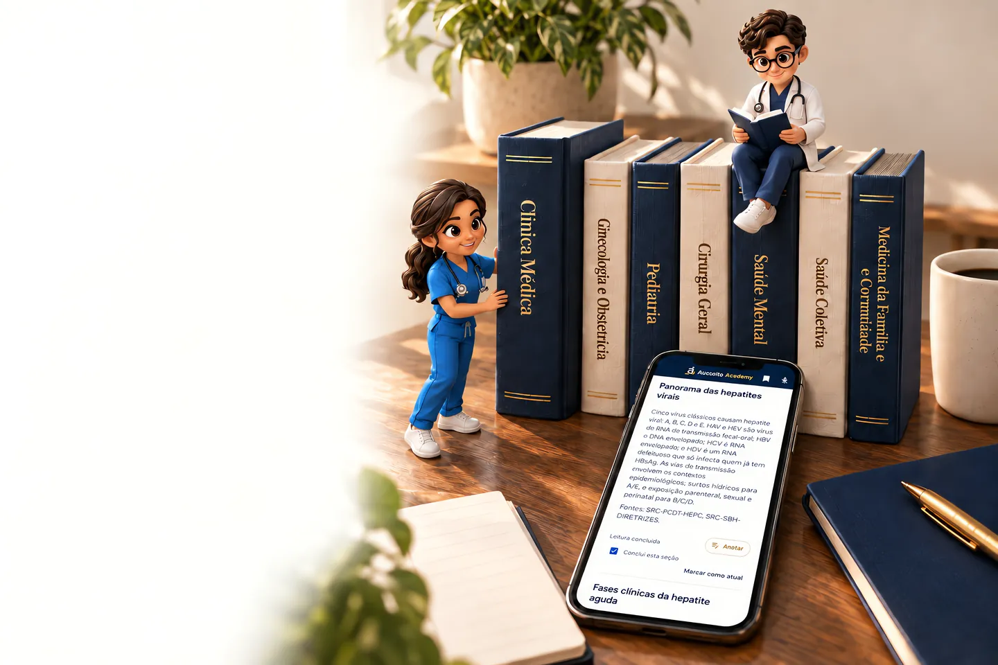Sete volumes, um por área da prova, com a Clínica Médica como o mais grosso; a residente puxa um volume, o Dr. Aus lê sentado sobre os livros e o celular mostra o resumo Panorama das hepatites virais.